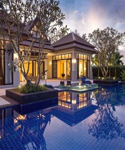 Pool and villa at night